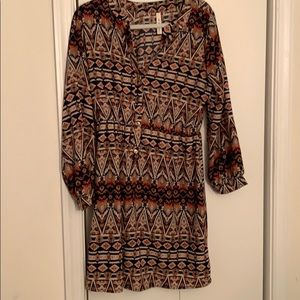 Blue/orange/brown patterned long sleeve dress